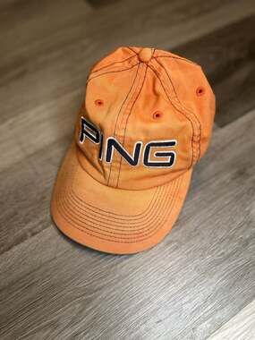 Ping Vintage Orange Cotton Adjustable Strapback Golf Hat Cap with Mr. Ping Logo